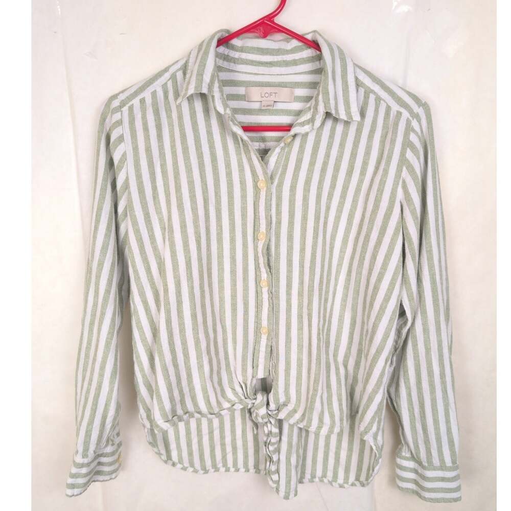 Loft green and white striped linen front tie button up top Size XS Coastal Retro
